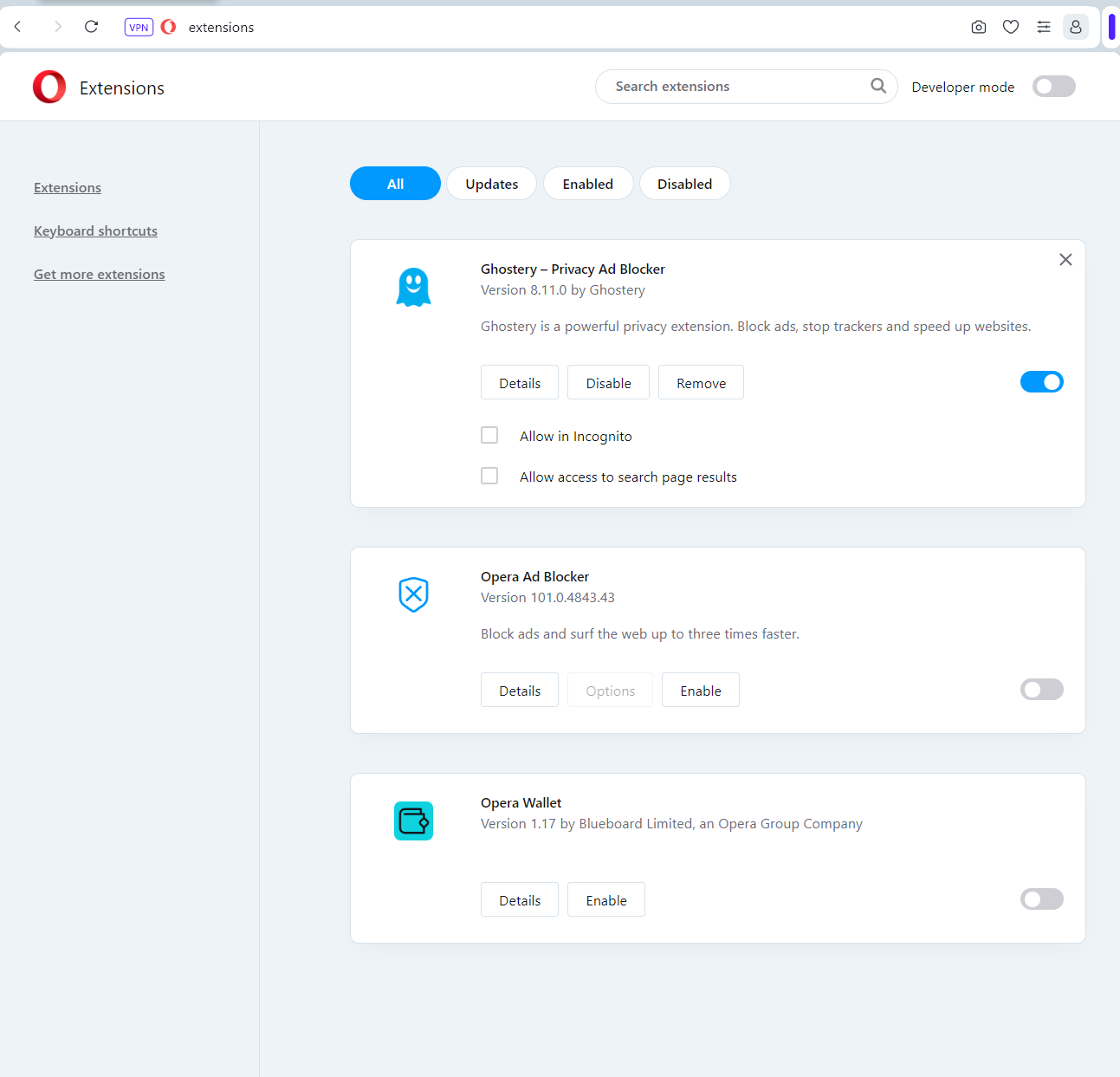 Shows the extensions page in Opera.