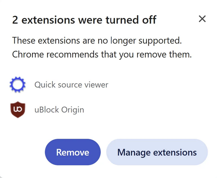 Displays turned off uBlock Origin extension in Chrome
