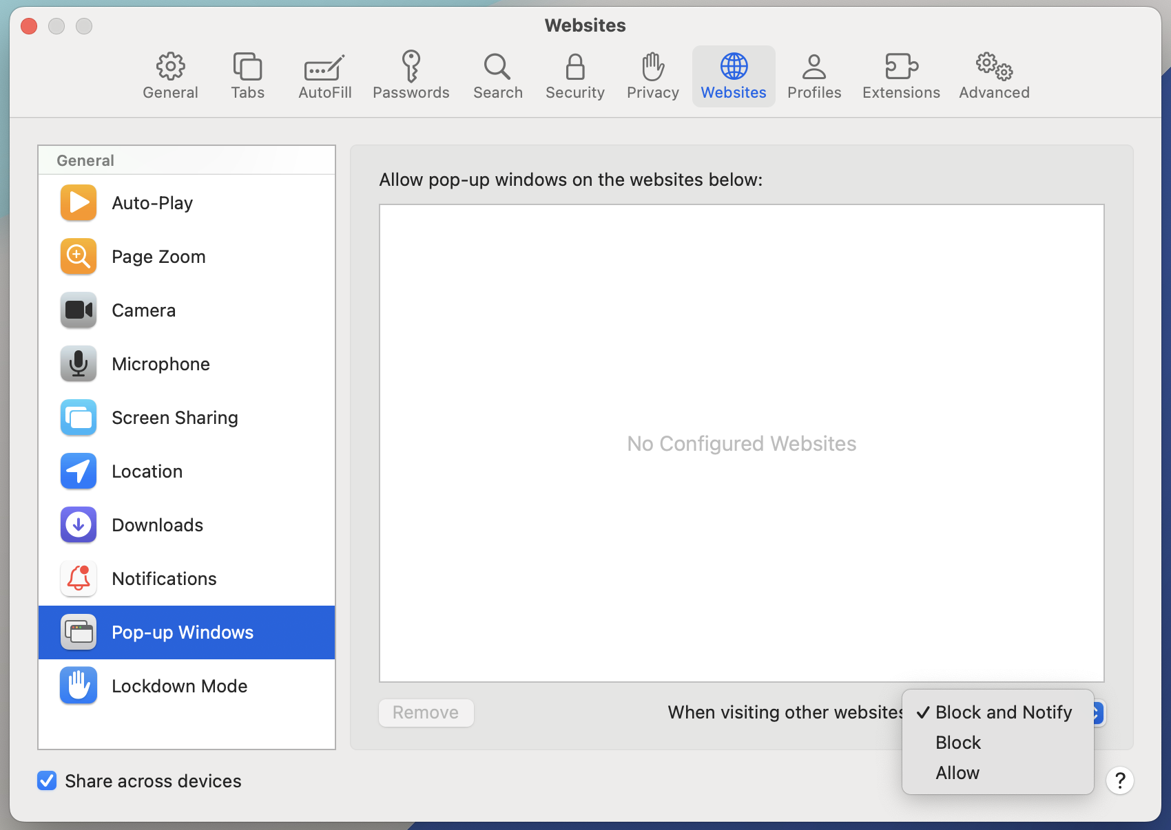 Shows Safari browser with Settings open and pop-up windows on block/modify