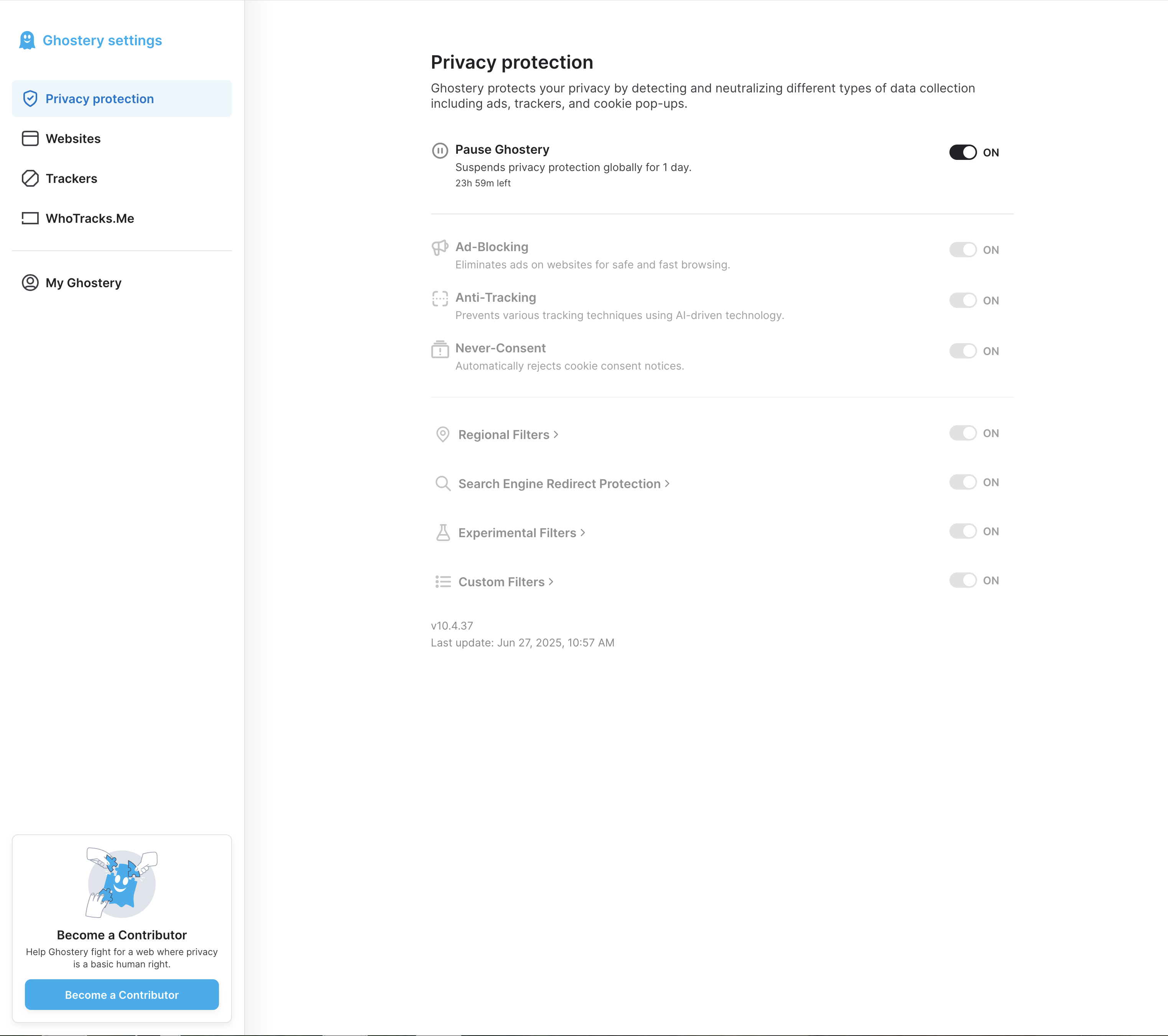 Ghostery Ad& Tracker Blocker Disabled - Settings Detailed View