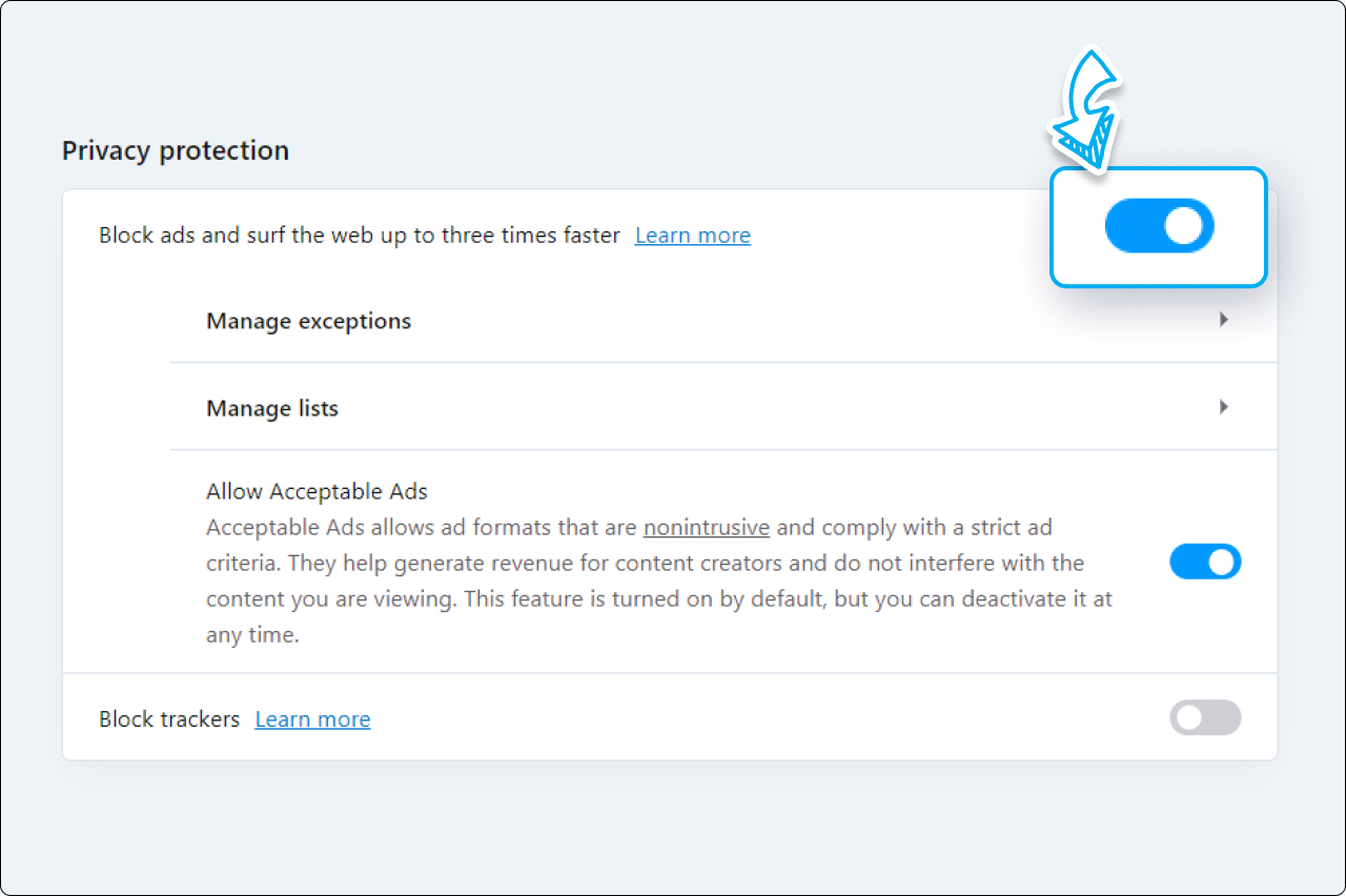 Opera Browser settings for privacy protection displaying where to enable Opera built-in ad blocker